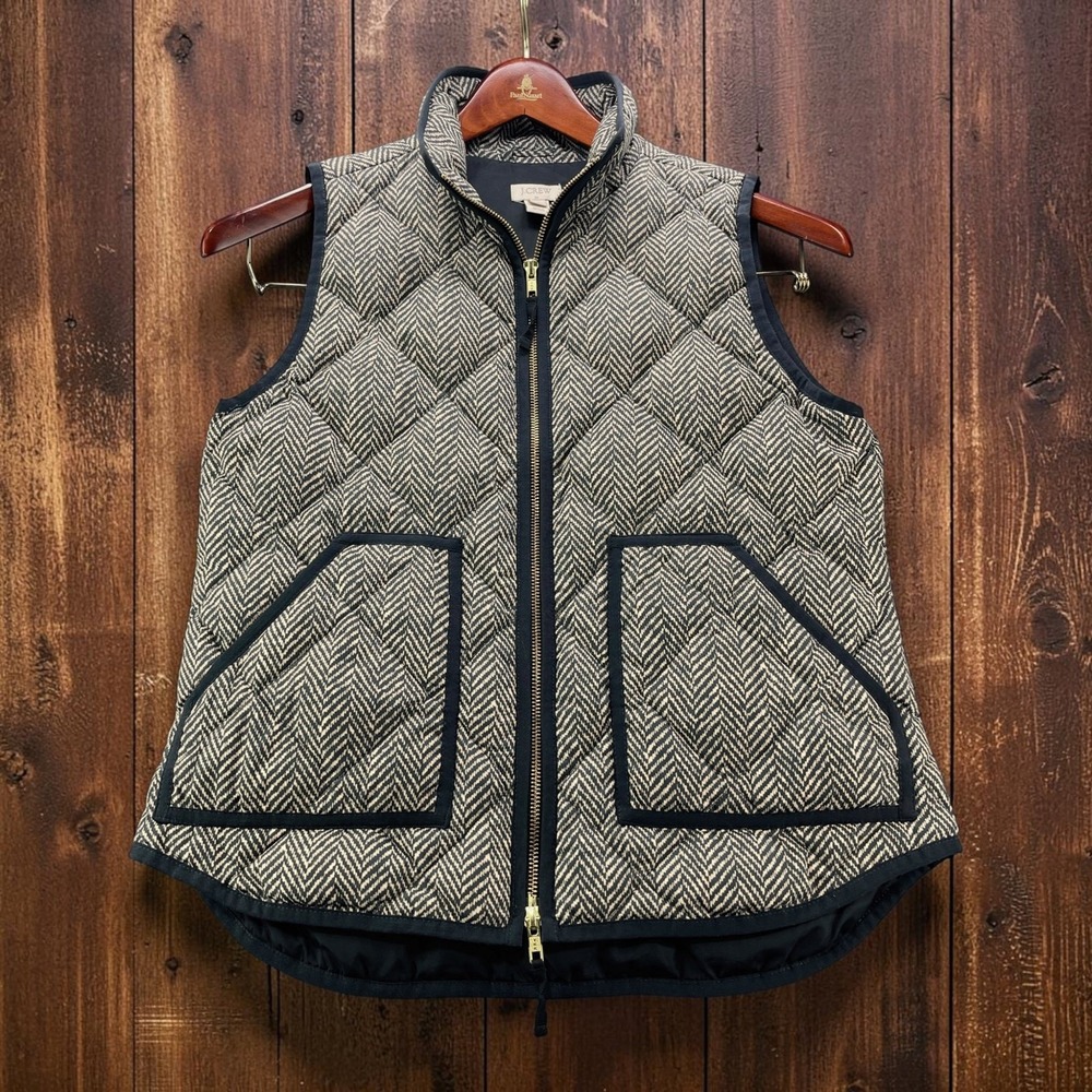 J.Crew Womens Herringbone Quilted Down Excursion Vest Navy Tan Size S 02533